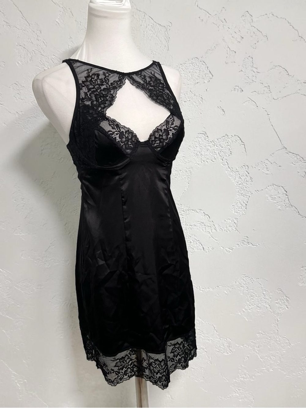 Y2K Black Lace Lingerie Slip Dress Goth Sheer Babydoll Mini S